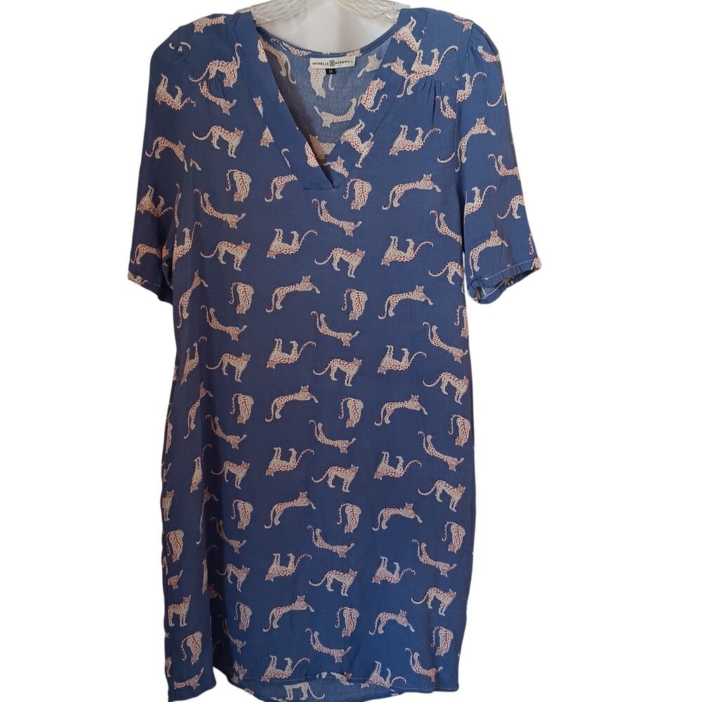 Michelle McDowell Dress Womens M Blue Leopard Cats Animal Print Shift V Neck